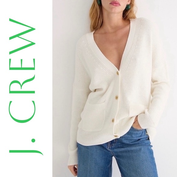 J.Crew Sweaters - J.Crew Re-Imagined Ribbed Cardigan Women Medium Ivory Cotton Cashmere Cozycore
